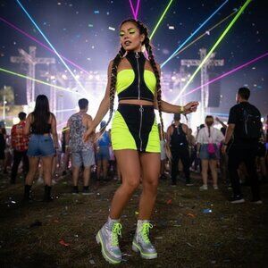 Dolls Kill Neon Reflective Crop Top & Ruched Mini Skirt 2 Piece Set | Techwear S